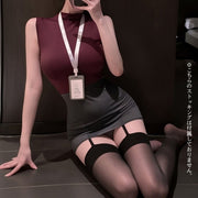 コスプレ衣装 レディース OL秘書風 制服 ノースリーブ ハイネック タイトミニスカート 名札 Tバック ハロウィン パーティー 撮影 IDカード 社員証 Tバック 薄手 ミニ丈