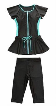 フィットネス水着 水着 レディース セットアップ セパレート パンツ ハーフパンツ 半袖 フリル袖  バイカラー 体型カバー シンプル カジュアル おしゃれ