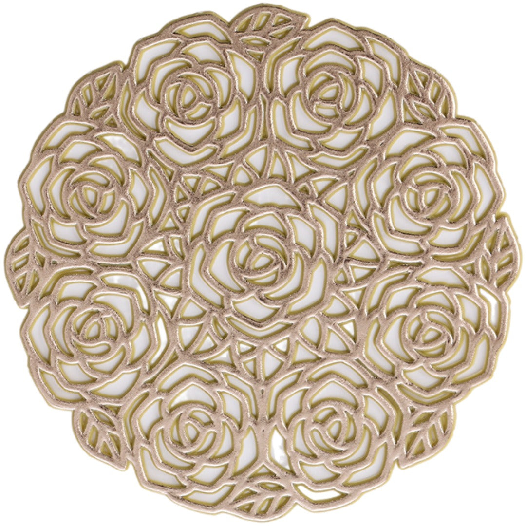 コースター 同色2枚セット 直径10cm コップ置き カップ コップ敷 透かし模様 薔薇 バラ ローズ フラワー 花 丸型 ラウンド テーブルコーディネート おもてなし 来客用 メタリック 高級感 エレガント パーティー おしゃれ かわいい