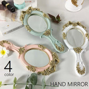 手鏡 ハンドミラー ミラー レディース 女性 小物 メイク用品 ポータブル ラウンド バラ 薔薇 化粧直し 身だしなみ 持ち運び 手持ち 携帯用 エレガント アンティーク調 クラシカル かわいい プレゼント 白 青 ピンク 金色