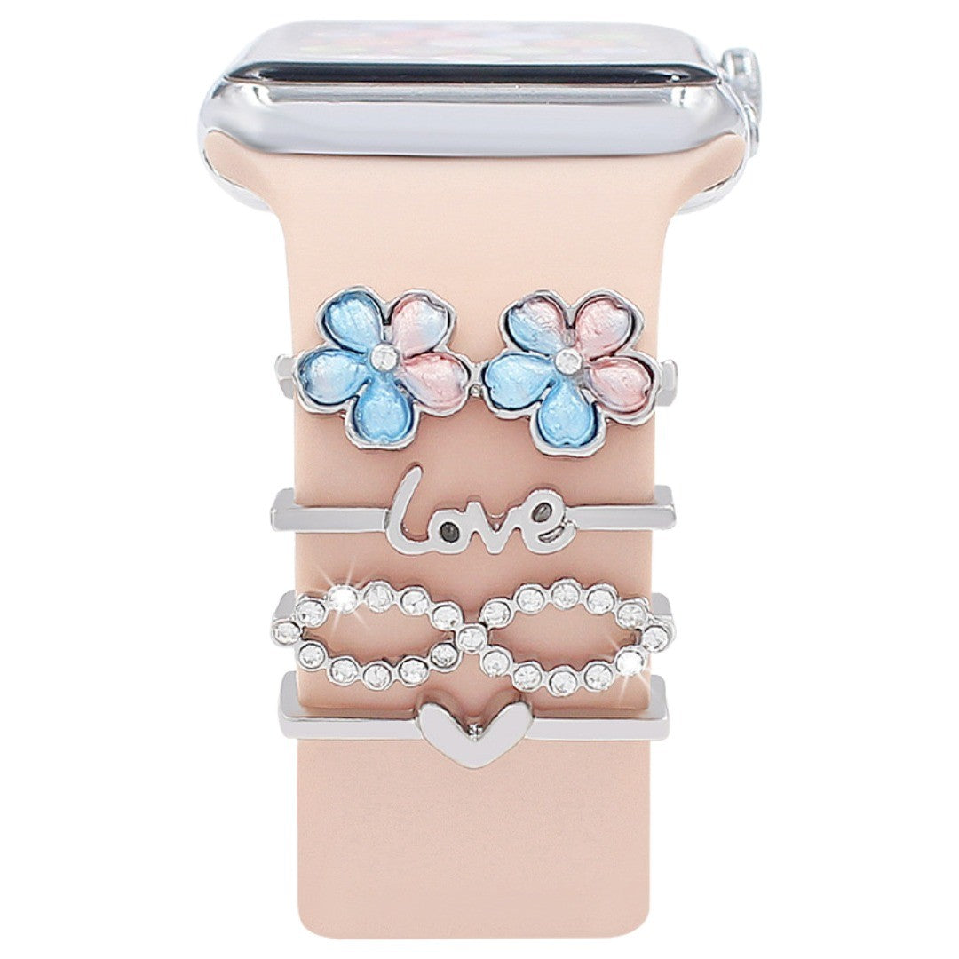 バンドチャーム 4個セット アップルウォッチ用 スマートウォッチアクセサリー AppleWatch アクセサリー チャーム ラインストーン キラキラ 花 フラワー ハート リボン 揺れる レディース かわいい おしゃれ 重ね付け キュート はなやか 金色 銀色