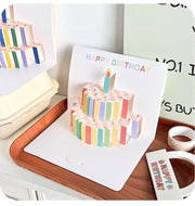 グリーティングカード バースデーカード お誕生日カード メッセージカード 単品 1枚 文房具 スクエア 正方形 二つ折り 3D 立体 切り絵 飛び出すイラスト ケーキ ブラウン レッド ブルー かわいい キュート おしゃれ プレゼント ギフト