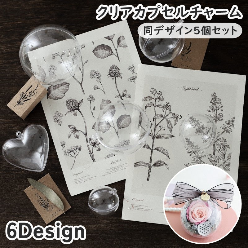 クリアカプセルチャーム クリアカプセル 同デザイン5個セット 空カプセル アクセサリーパーツ チャーム キーホルダー バッグチャーム カスタム 球体 ハート 手芸 ハンドメイド 手作り クリア 透明 収納 保管 シンプル 便利 多用途
