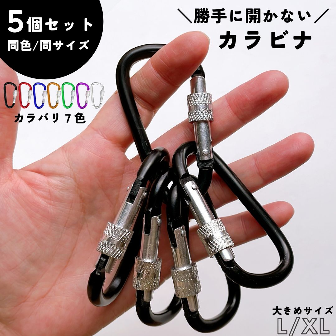 カラビナ 5個セット ロック付き 大きめ 大きい アウトドア Dリング D型 キーホルダー ロック 安全 軽量 アルミ 落下防止 紛失防止 キャンプ 釣り 登山 クライミング 収納 多用途