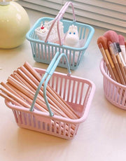 小物入れ 小物収納 かご バスケット 持ち手付き 卓上収納 机上 買い物かご型 文房具入れ ラウンド型 丸型 スクエア 四角 インテリア雑貨 整理整頓 スッキリ 可愛い