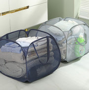 ランドリーバスケット 洗濯カゴ 洗濯かご 90L メッシュ 折りたたみ 折り畳み式 コンパクト シンプル 省スペース 大容量 脱衣所 ポケット 四角 スクエア