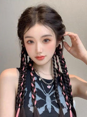 エクステ ヘアゴム付き 1ペア計2本 ヘアゴム付き 編み込みエクステ メッシュ エクステンション レディース つけ毛 ポイントウィッグ 三つ編み 3連 4連 ヘアアレンジ ポニーテール ヘアアクセ