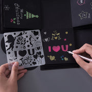 ステンシルシート 5点セット 5枚セット ステンシルプレート 描画 テンプレート 絵図 製図 塗り絵 DIY 手帳 定規 ハート 星 スター 天使 吹き出し アルファベット 数字 イラスト 誕生日 クリスマス メッセージカード デコレーション アルバム 寄せ書き 色紙 多用途 便利
