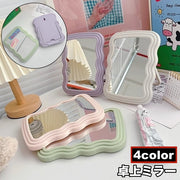 卓上ミラー 卓上鏡 スタンドミラー 壁掛けミラー 2way 化粧鏡 ウェーブ 卓上 壁掛け 壁面 メイクアップ 身だしなみ かわいい キュート おしゃれ