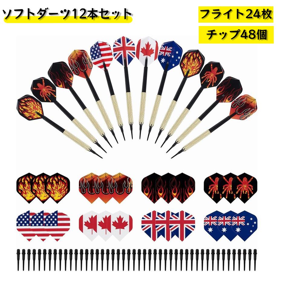 ソフトダーツ 12本セット 14g フライト24枚 チップ48個 電子ダーツボード用 交換用チップ付き おしゃれ クール 軽量 交換パーツ 初心者 アマチュア トレーニング パーティー バー クラブ 自宅 国旗 ファイヤー 炎 蜘蛛