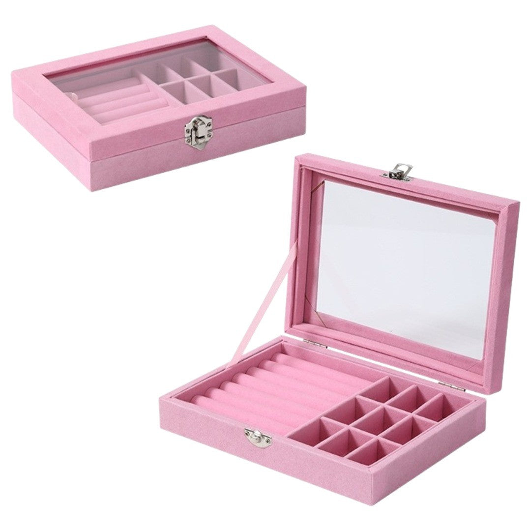 アクセサリーボックス アクセサリーケース ジュエリーボックス ジュエリーケース 宝石箱 卓上収納 収納グッズ 整理用品 平型 窓付き 四角形 スクエア ベロア調 留め具付き 無地 シンプル カジュアル シック フェミニン ガーリー 可愛い キュート