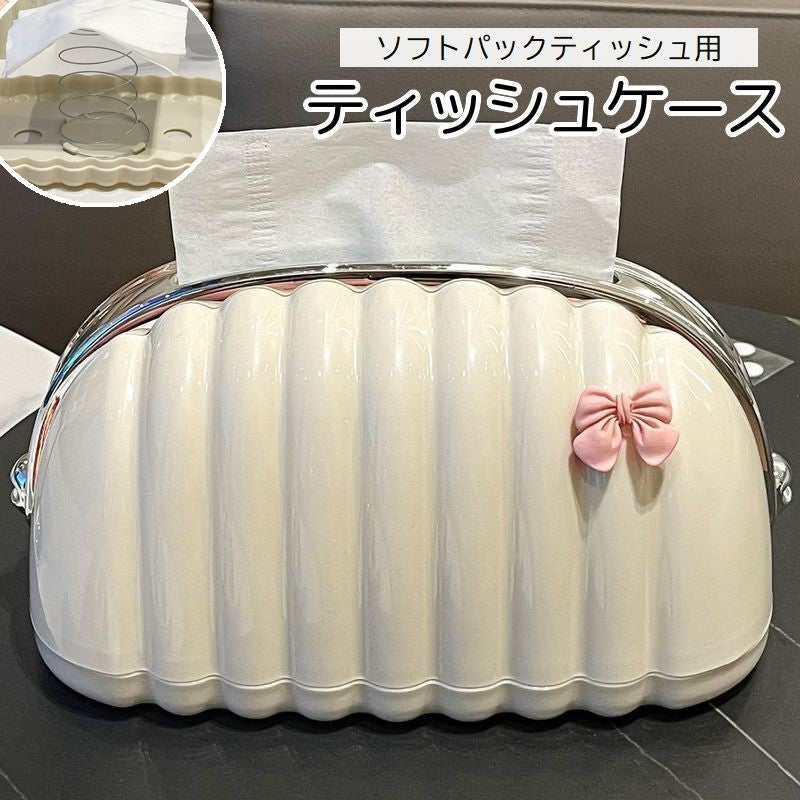 ティッシュケース ティッシュカバー ソフトパックティッシュ用 卓上 スプリング付き バネ付き リボン おしゃれ かわいい