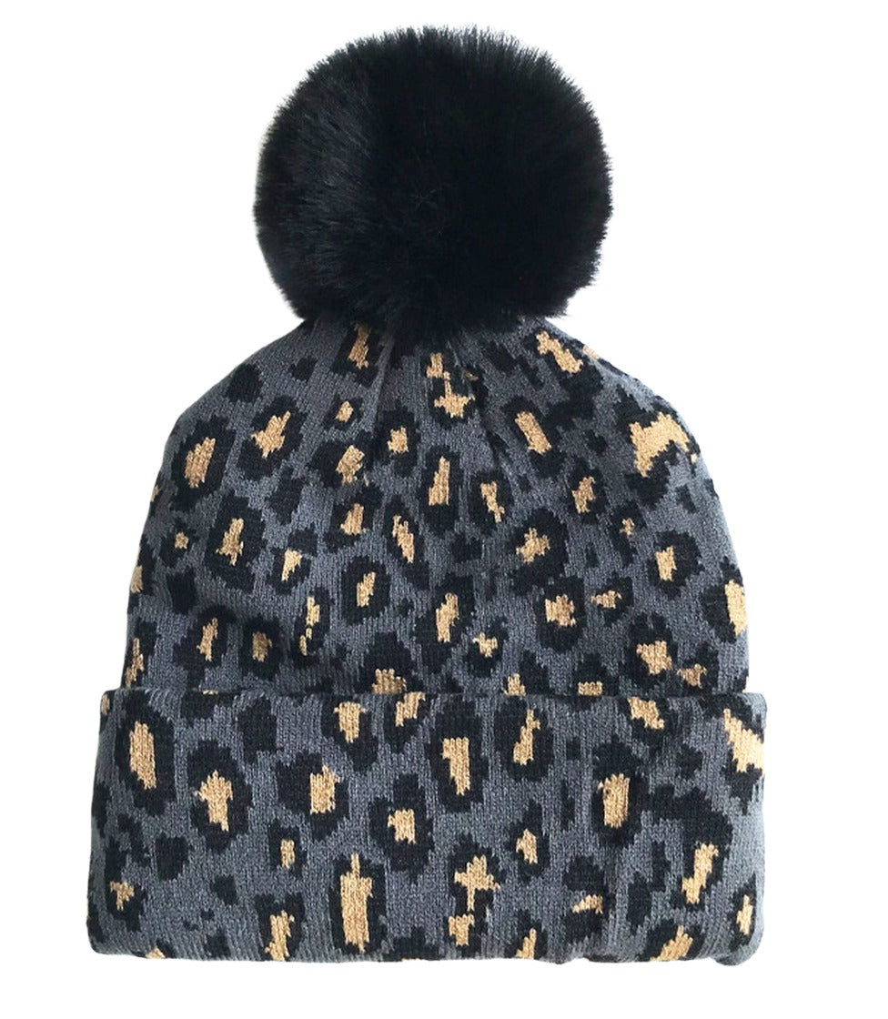 ニット帽 ニットキャップ キッズ 子供 ファッション小物 ヒョウ柄 レオパード ポンポン付き かっこいい かわいい おしゃれ