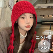 ニット帽 ニットキャップ レディース 帽子 ローゲージ イヤーフラップ フリンジ タッセル 深め 編み 耳あて 耳当て かわいい あったか 暖かい おしゃれ カジュアル 防寒 無地