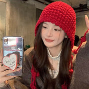 ニット帽 ニットキャップ レディース 帽子 ローゲージ イヤーフラップ フリンジ タッセル 深め 編み 耳あて 耳当て かわいい あったか 暖かい おしゃれ カジュアル 防寒 無地