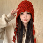 ニット帽 ニットキャップ レディース 帽子 ローゲージ イヤーフラップ フリンジ タッセル 深め 編み 耳あて 耳当て かわいい あったか 暖かい おしゃれ カジュアル 防寒 無地