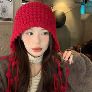 ニット帽 ニットキャップ レディース 帽子 ローゲージ イヤーフラップ フリンジ タッセル 深め 編み 耳あて 耳当て かわいい あったか 暖かい おしゃれ カジュアル 防寒 無地