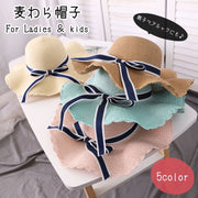 麦わら帽子 ストローハット レディース 女性 キッズ 女の子 親子ペアルック お揃い リボン 丸形 無地 ピンク カーキ オフホワイト キュート かわいい ガーリー カジュアル おしゃれ 日よけ 春 夏