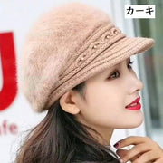 キャスケット ファー帽子 パール付き アンゴラ混 ふわふわ レディース 帽子 ぼうし シンプル 無地 冬帽子