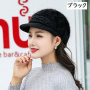 キャスケット ファー帽子 パール付き アンゴラ混 ふわふわ レディース 帽子 ぼうし シンプル 無地 冬帽子