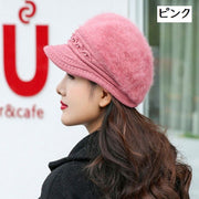 キャスケット ファー帽子 パール付き アンゴラ混 ふわふわ レディース 帽子 ぼうし シンプル 無地 冬帽子