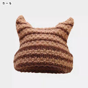 ニット帽 ニットキャップ レディース 女性 帽子 ぼうし ファッション雑貨 猫耳 ネコ耳 角 ツノ 総柄 無地 ボーダー ブラック カーキ グリーン シンプル カジュアル ポップ ガーリー キュート 可愛い おしゃれ 秋 冬