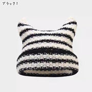 ニット帽 ニットキャップ レディース 女性 帽子 ぼうし ファッション雑貨 猫耳 ネコ耳 角 ツノ 総柄 無地 ボーダー ブラック カーキ グリーン シンプル カジュアル ポップ ガーリー キュート 可愛い おしゃれ 秋 冬