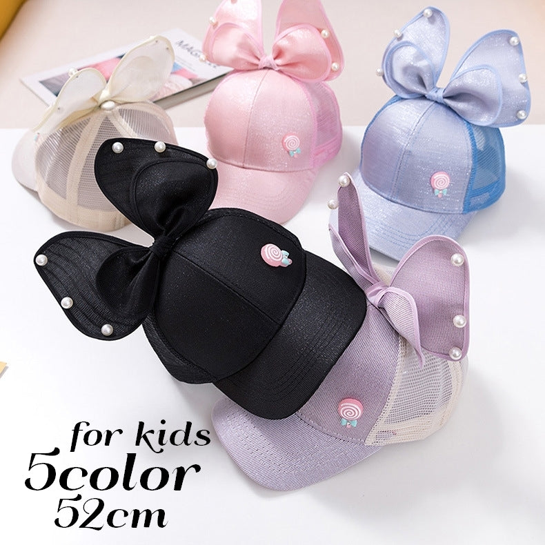 キャップ 帽子 野球帽 キッズ 子供 女の子 リボン メッシュ フェイクパール 可愛い おしゃれ お出かけ 散歩 紫外線 UV対策 日焼け予防 日除け 保育園 幼稚園 通園 通学 ファッション小物 カジュアル ベースボールキャップ 熱中症対策 日よけ キャンディー ブルー ブラック ベージュ ピンク パープル