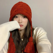 ニット帽 ニットキャップ レディース 帽子 耳当て付き タッセル 深め 格子柄 チェック 編み かわいい あったか 暖かい おしゃれ カジュアル 防寒 無地
