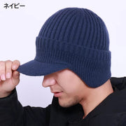 ニット帽 ニットキャップ 帽子 ぼうし メンズ 男性 ツバ付き 耳当て付き 裏ボア リブ 無地 おしゃれ カジュアル シンプル 防寒 暖かい あったか ファッション小物 秋 冬