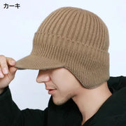 ニット帽 ニットキャップ 帽子 ぼうし メンズ 男性 ツバ付き 耳当て付き 裏ボア リブ 無地 おしゃれ カジュアル シンプル 防寒 暖かい あったか ファッション小物 秋 冬