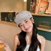 キャスケット 帽子 キャップ レディース つば付き ストライプ柄 日よけ 紫外線対策 サイズ調節可能 おしゃれ かわいい カジュアル お出かけ 普段使い 女性用 婦人用