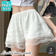 ペチパンツ 同色2枚セット ペチコート タップパンツ レディース 女性 婦人 インナー ショートパンツ ショート丈 ボトムス 透け防止 レース ふんわり まとわり防止 ティアードフリル ウエストゴム 単色 かわいい おしゃれ 上品 ガーリー 白 黒