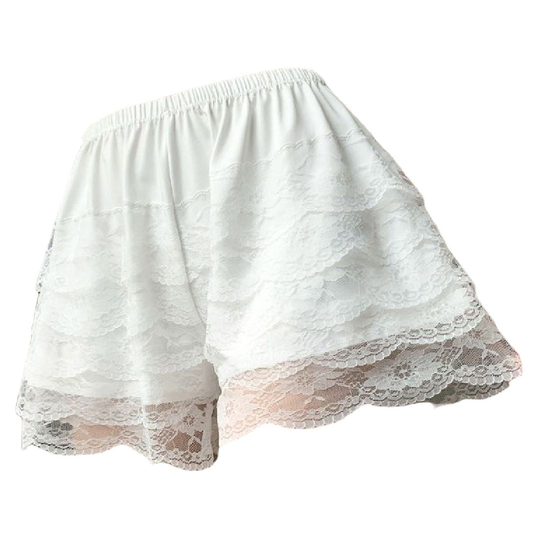 ペチパンツ 単品 1枚 ペチコート タップパンツ レディース 女性 婦人 インナー ショートパンツ ショート丈 ボトムス 透け防止 レース ふんわり まとわり防止 ティアードフリル ウエストゴム 単色 かわいい おしゃれ 上品 ガーリー 白 黒