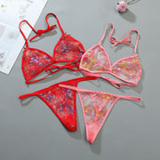 ブラジャー ショーツ 上下セット セクシーランジェリー レディース 女性用 下着 インナー 三角ブラ Tバック 紐パン シースルー 透け感 フラワー お花 キュート 可愛い お洒落 セクシー SEXY 大人女子