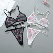 ブラジャー ショーツ 上下セット セクシーランジェリー レディース 女性用 下着 インナー 三角ブラ Tバック 紐パン シースルー 透け感 フラワー お花 キュート 可愛い お洒落 セクシー SEXY 大人女子