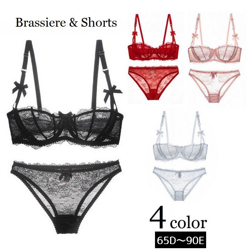 ブラジャー ショーツ 上下セット レディース 1/2カップブラ パッド無し パンティー 女性下着 2点セット パンツ インナー シースルー 透け感 ローライズ ヒップハンガーショーツ 総レース リボン ランジェリー 2列ホック 3段ホック セクシー おしゃれ 婦人用 Dカップ Eカップ
