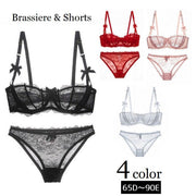 ブラジャー ショーツ 上下セット レディース 1/2カップブラ パッド無し パンティー 女性下着 2点セット パンツ インナー シースルー 透け感 ローライズ ヒップハンガーショーツ 総レース リボン ランジェリー 2列ホック 3段ホック セクシー おしゃれ 婦人用 Dカップ Eカップ