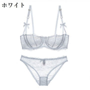ブラジャー ショーツ 上下セット レディース 1/2カップブラ パッド無し パンティー 女性下着 2点セット パンツ インナー シースルー 透け感 ローライズ ヒップハンガーショーツ 総レース リボン ランジェリー 2列ホック 3段ホック セクシー おしゃれ 婦人用 Dカップ Eカップ