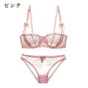 ブラジャー ショーツ 上下セット レディース 1/2カップブラ パッド無し パンティー 女性下着 2点セット パンツ インナー シースルー 透け感 ローライズ ヒップハンガーショーツ 総レース リボン ランジェリー 2列ホック 3段ホック セクシー おしゃれ 婦人用 Dカップ Eカップ