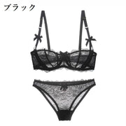 ブラジャー ショーツ 上下セット レディース 1/2カップブラ パッド無し パンティー 女性下着 2点セット パンツ インナー シースルー 透け感 ローライズ ヒップハンガーショーツ 総レース リボン ランジェリー 2列ホック 3段ホック セクシー おしゃれ 婦人用 Dカップ Eカップ