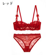 ブラジャー ショーツ 上下セット レディース 1/2カップブラ パッド無し パンティー 女性下着 2点セット パンツ インナー シースルー 透け感 ローライズ ヒップハンガーショーツ 総レース リボン ランジェリー 2列ホック 3段ホック セクシー おしゃれ 婦人用 Dカップ Eカップ