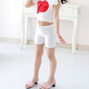 ペチパンツ キッズ ジュニア 子供用 子ども用 女の子 レディース 女性 下着 インナーパンツ インナーズボン アンダーウェア ショート丈 ミニ丈 ゴムウエスト フロントリボン 裾フリル 透け防止 パンチラ防止 無地 ホワイト ピンク ブラック シンプル 可愛い キュート ガーリー