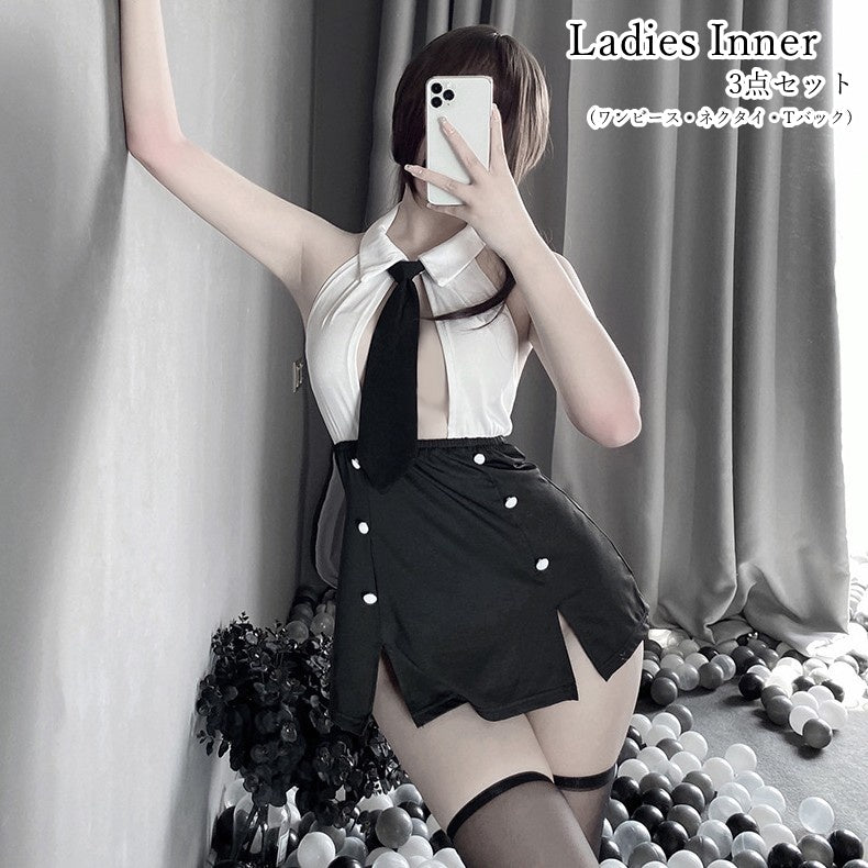 セクシーランジェリー 3点セット ワンピース Tバックショーツ ネクタイ コスプレ 仮装 レディース 女性 インナー 下着 ナイトウェア フェイクツーピース ワンピース ホルターネック ノースリーブ タイトスカート ミニスカート ミニ丈 ホワイト ブラック セクシー 大人っぽい