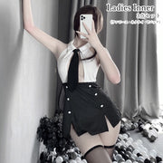 セクシーランジェリー 3点セット ワンピース Tバックショーツ ネクタイ コスプレ 仮装 レディース 女性 インナー 下着 ナイトウェア フェイクツーピース ワンピース ホルターネック ノースリーブ タイトスカート ミニスカート ミニ丈 ホワイト ブラック セクシー 大人っぽい