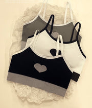 ハーフトップブラ スポーツブラ ブラジャー ノンワイヤー レディース 女性用 インナー 単品 下着 細ストラップ パッド付き 取り外し可能 リブ 女の子 婦人用 ハート かわいい