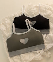 ハーフトップブラ スポーツブラ ブラジャー ノンワイヤー レディース 女性用 インナー 単品 下着 細ストラップ パッド付き 取り外し可能 リブ 女の子 婦人用 ハート かわいい