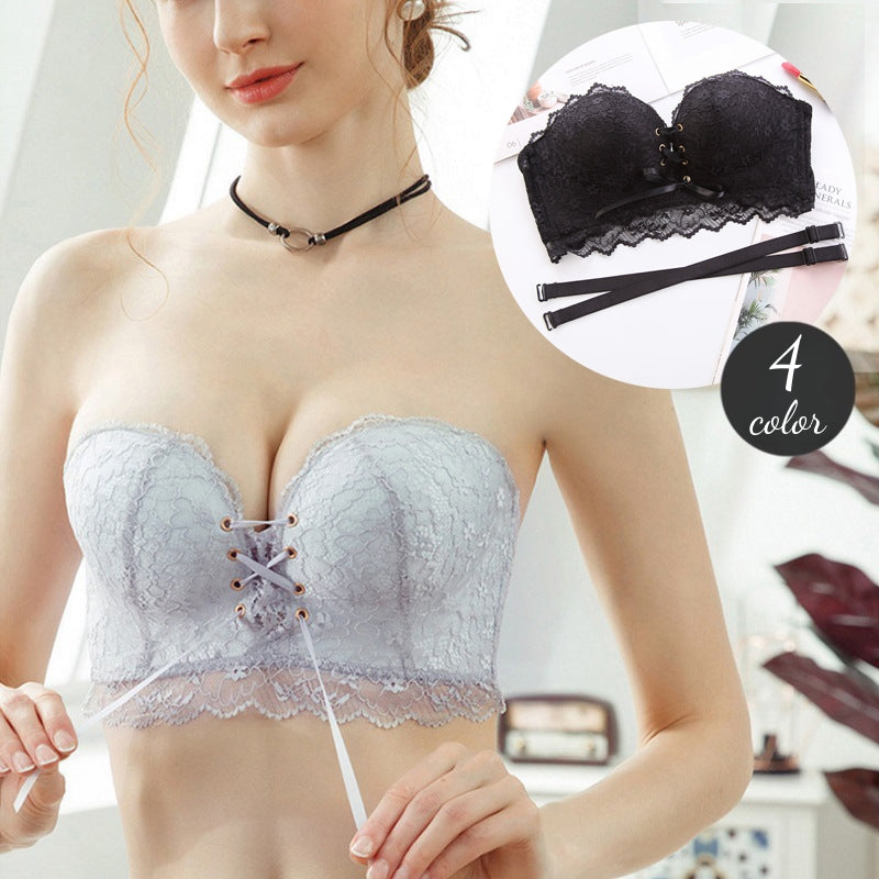 ストラップレスブラ ブラジャー 2way レディース 1/2カップ レース リボン  厚手ブラパッド 肩紐なし ハーフカップブラ インナー 女性下着 ドレス オフショルダー 女性用 婦人用