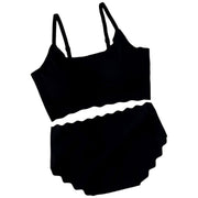 スポーツブラ フルカップブラ ブラジャー シームレスショーツ スタンダードショーツ パンツ 2点セット 上下セット セットアップ 下着 インナー 薄手 スカラップ ノンワイヤー ホックなし プルオーバー 無地 シンプル フェミニン シック クール かっこいい スポーティ おしゃれ 素肌感 かぶるタイプ
