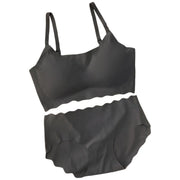 スポーツブラ フルカップブラ ブラジャー シームレスショーツ スタンダードショーツ パンツ 2点セット 上下セット セットアップ 下着 インナー 薄手 スカラップ ノンワイヤー ホックなし プルオーバー 無地 シンプル フェミニン シック クール かっこいい スポーティ おしゃれ 素肌感 かぶるタイプ